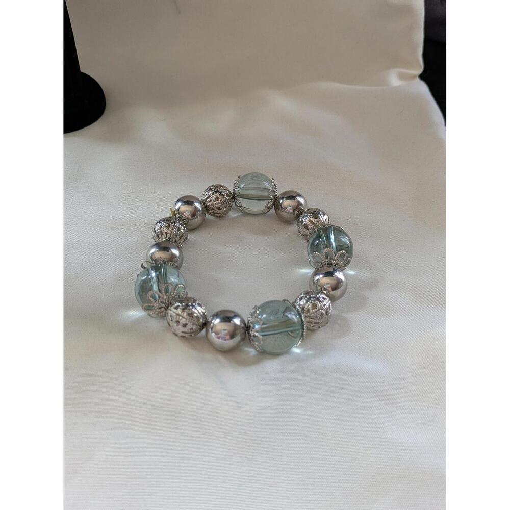 Aqua & Silver Tone Stretch Bracelet with Detailed Beads, festive ornament style